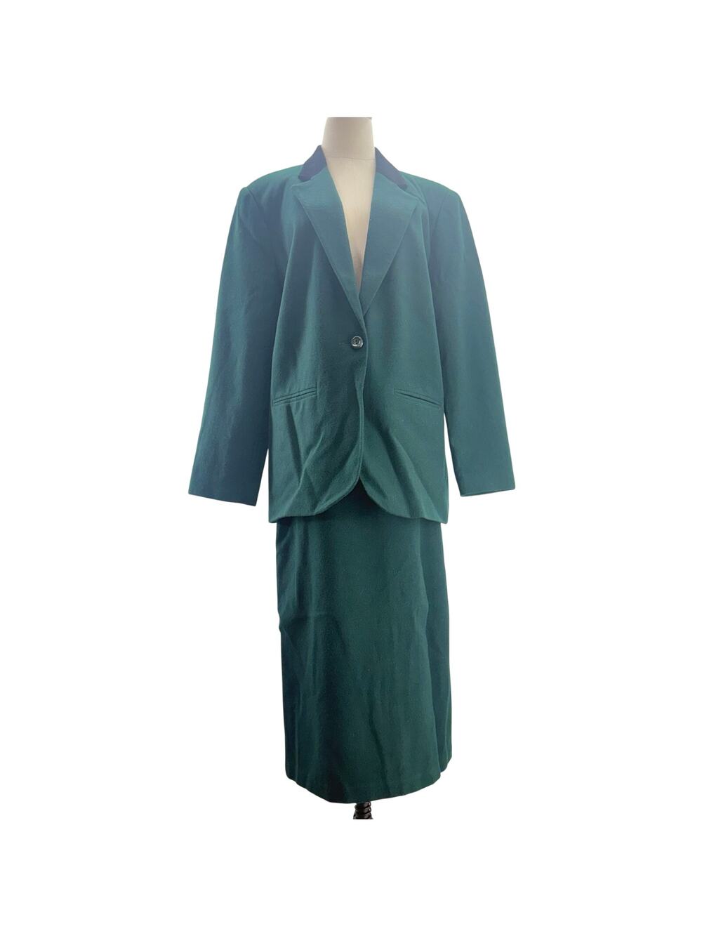 Vintage 80s Sag Harbor Wool Suit Green Skirt Set Velvet Collar Jacket 14